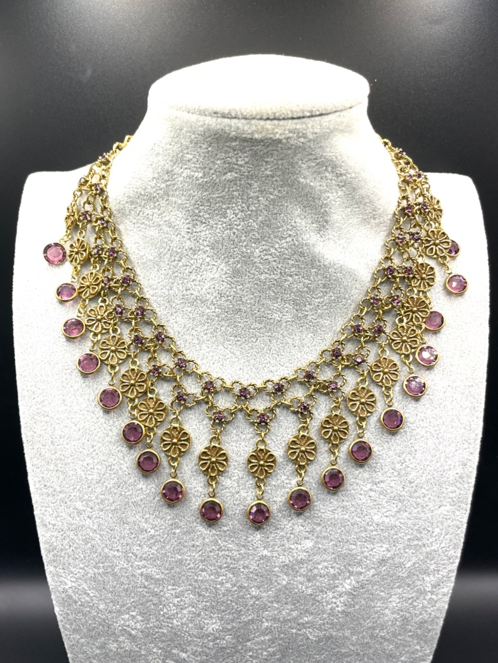 Vintage Etruscan Revival Style Gold Tone Purple Crystal Statement Bib Necklace